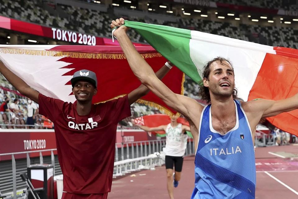 sports olympics Mutaz Barshim  of Qatar and Gianmarco Tamberi of Italy high jump