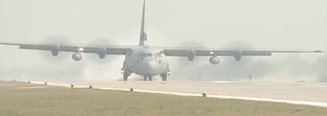 Prime Minister Narendra Modi reaches Karwal Kheri on C-130 J Super Hercules aircraft to inaugurate the 341 Km long Purvanchal Expressway