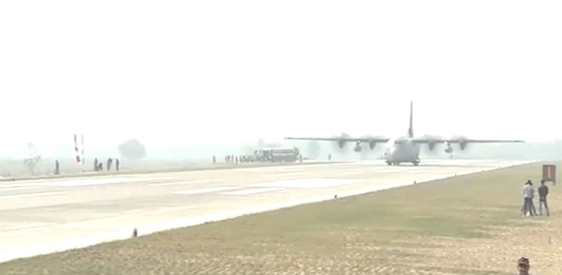 Prime Minister Narendra Modi reaches Karwal Kheri on C-130 J Super Hercules aircraft to inaugurate the 341 Km long Purvanchal Expressway