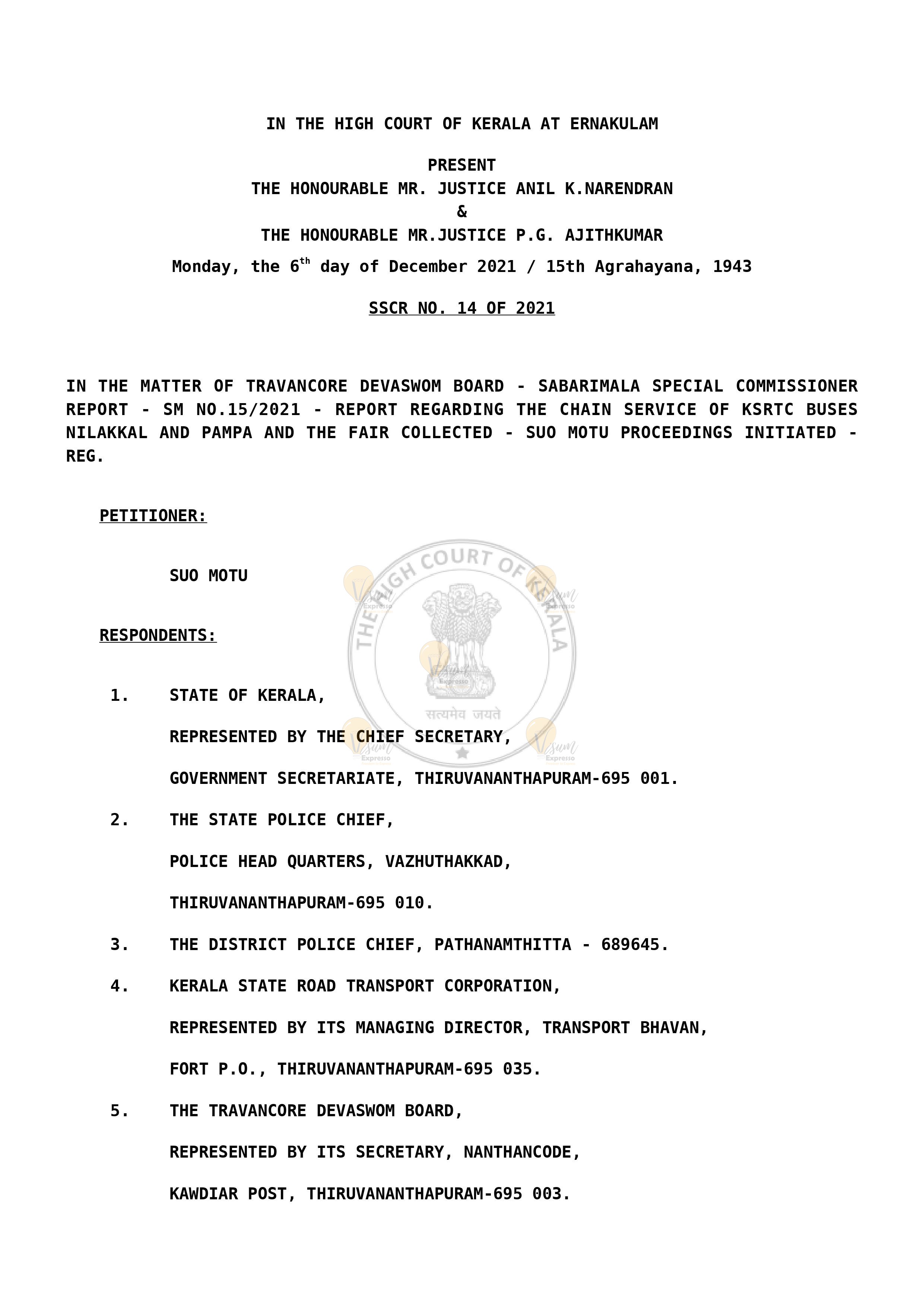 High Court Report regarding the chain service of KSRTC Buses Nilakkal and Pampa and The fair Collected - SUO MOTU Proceedings Initiated Page 1