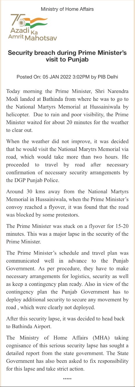 security breach during Prime Minister’s visit to Punjab