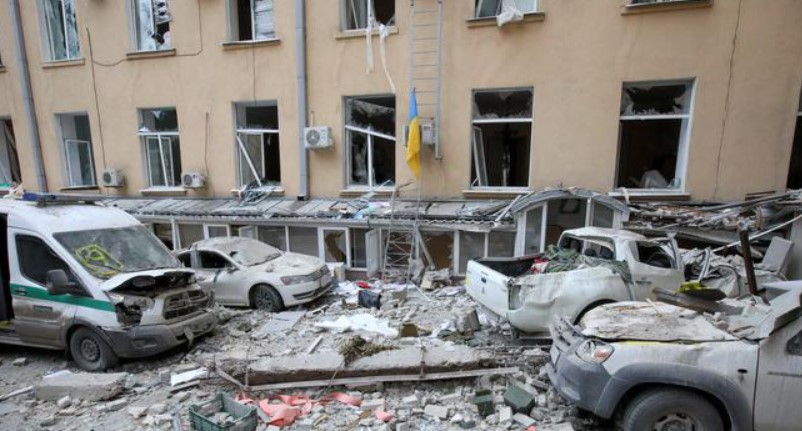 A view shows a courtyard of the regional administration building, which city officials said was hit by a missile attack, in central Kharkiv, Ukraine, on March 1, 2022.  File photo