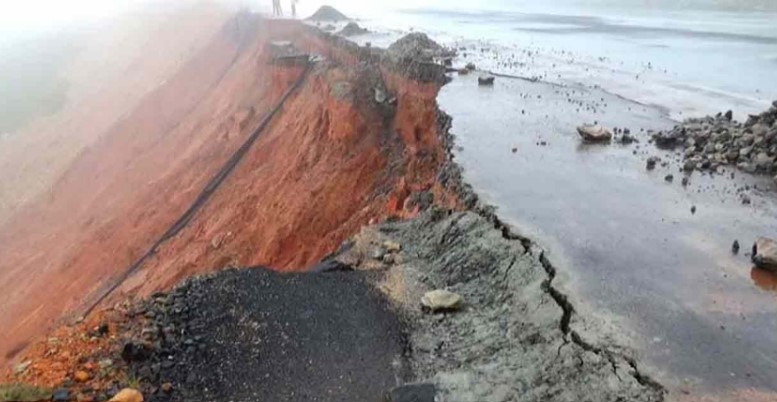 The part adjacent to the runway where the construction work is in progress at the airstrip has collapsed due to heavy rain