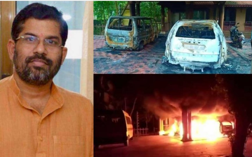 Cars and a two-wheeler belonging to the ashram of  Sandeepanada Giri set ablaze by assailants at Kundamankadavu in Thiruvananthapuram